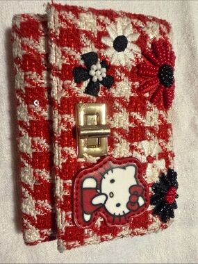 Hello Kitty Red & White Tweed Wallet with Beaded Floral Accents